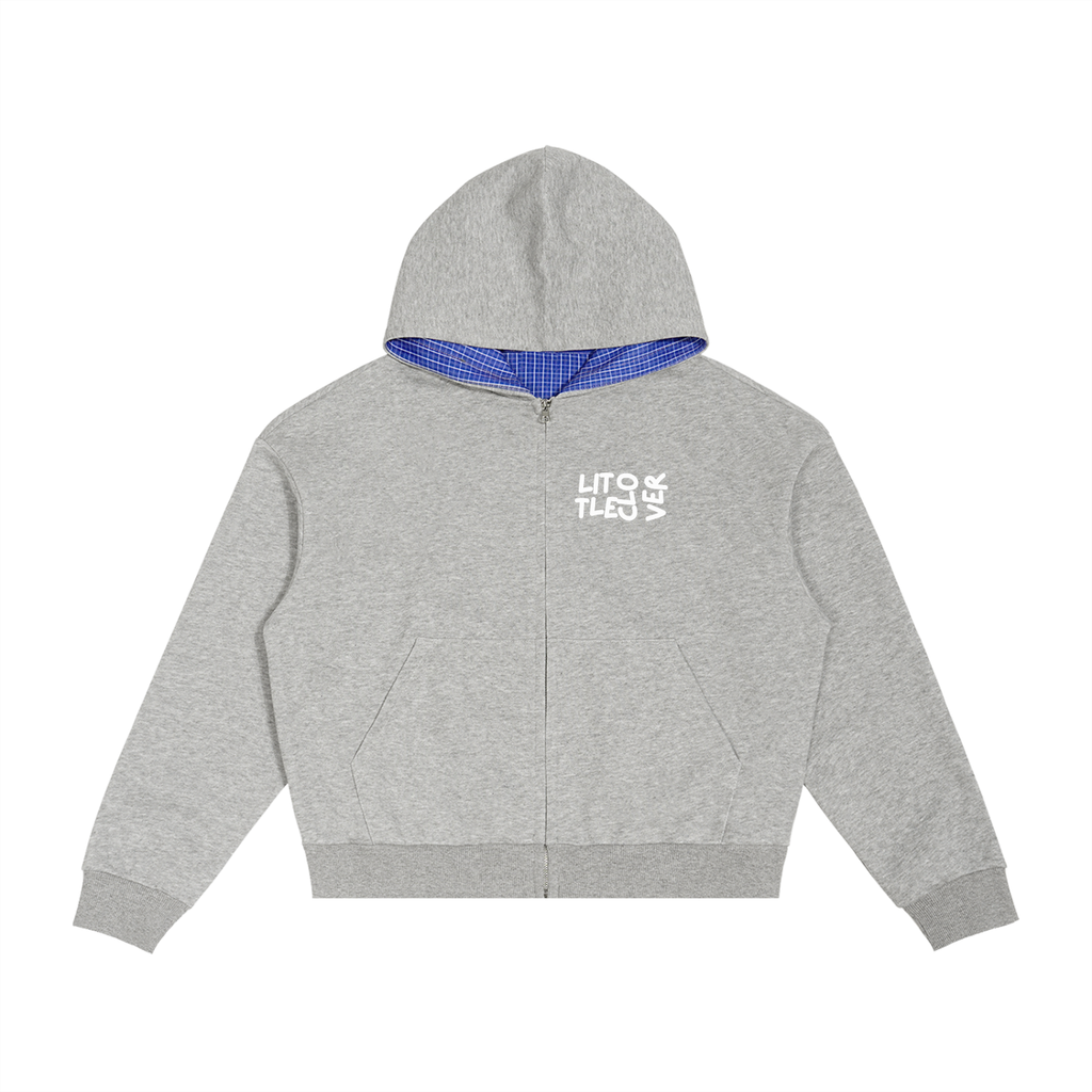 LC Contrast Plaid Boxy Zip Hoodie (Gray) | UNISEX